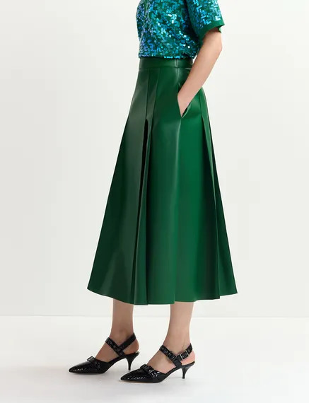 Jupe midi en faux cuir vert foncé