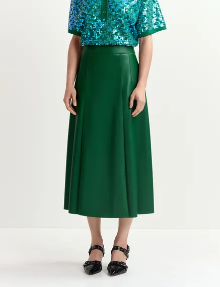 Jupe midi en faux cuir vert foncé