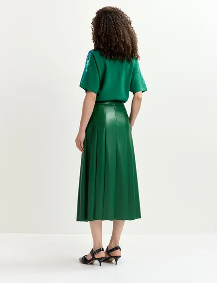 Jupe midi en faux cuir vert foncé