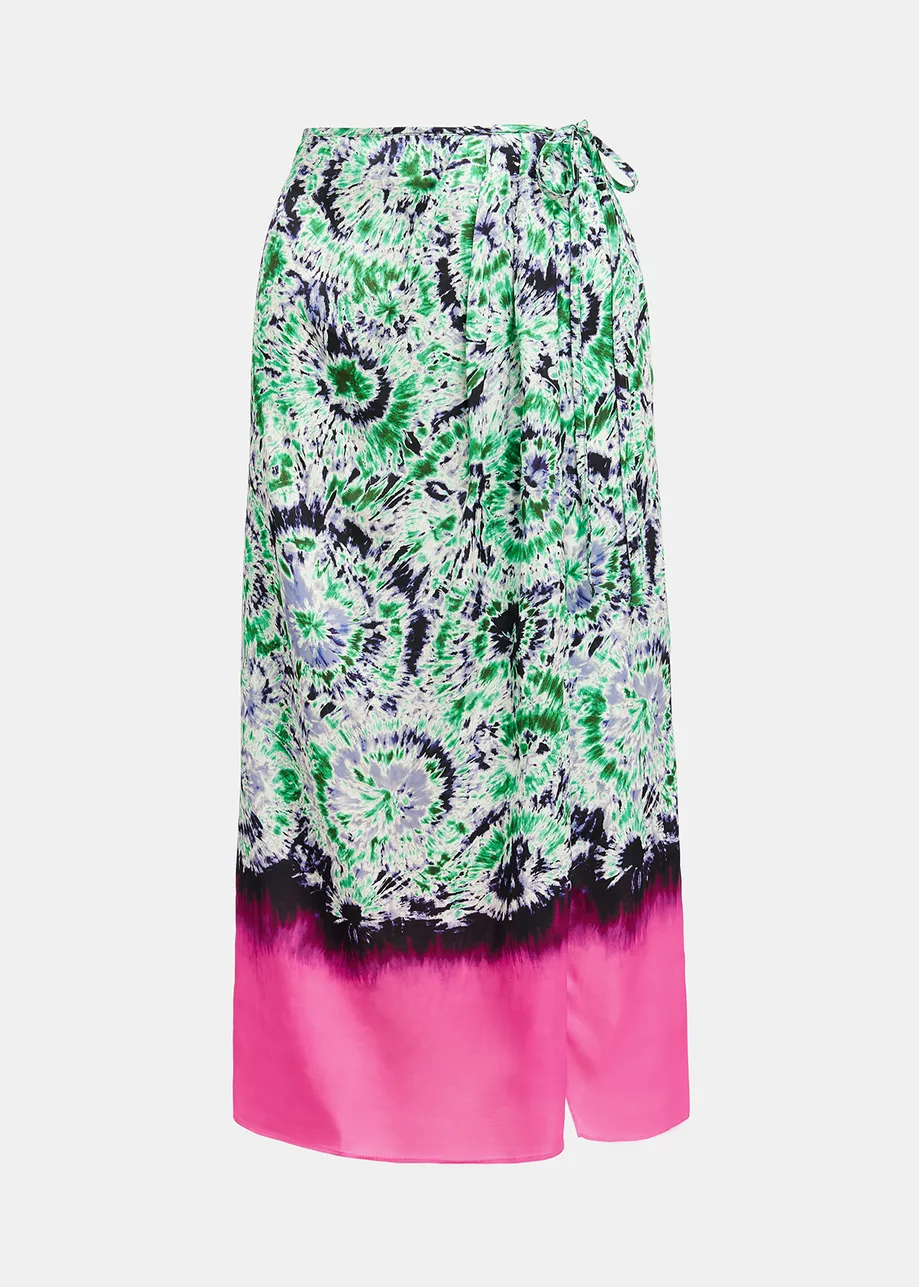 Green and navy blue printed midi skirt with dip-dyed effect