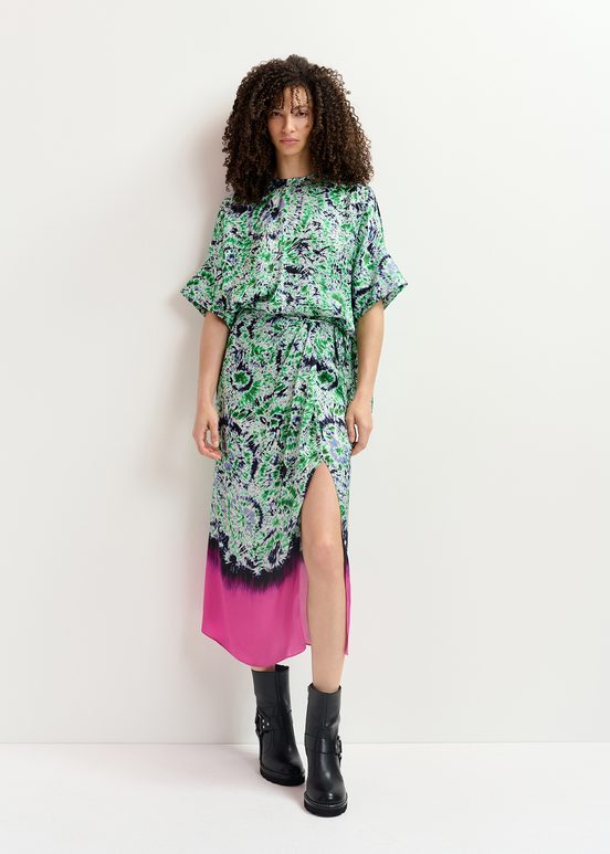 Green and navy blue printed midi skirt with dip-dyed effect