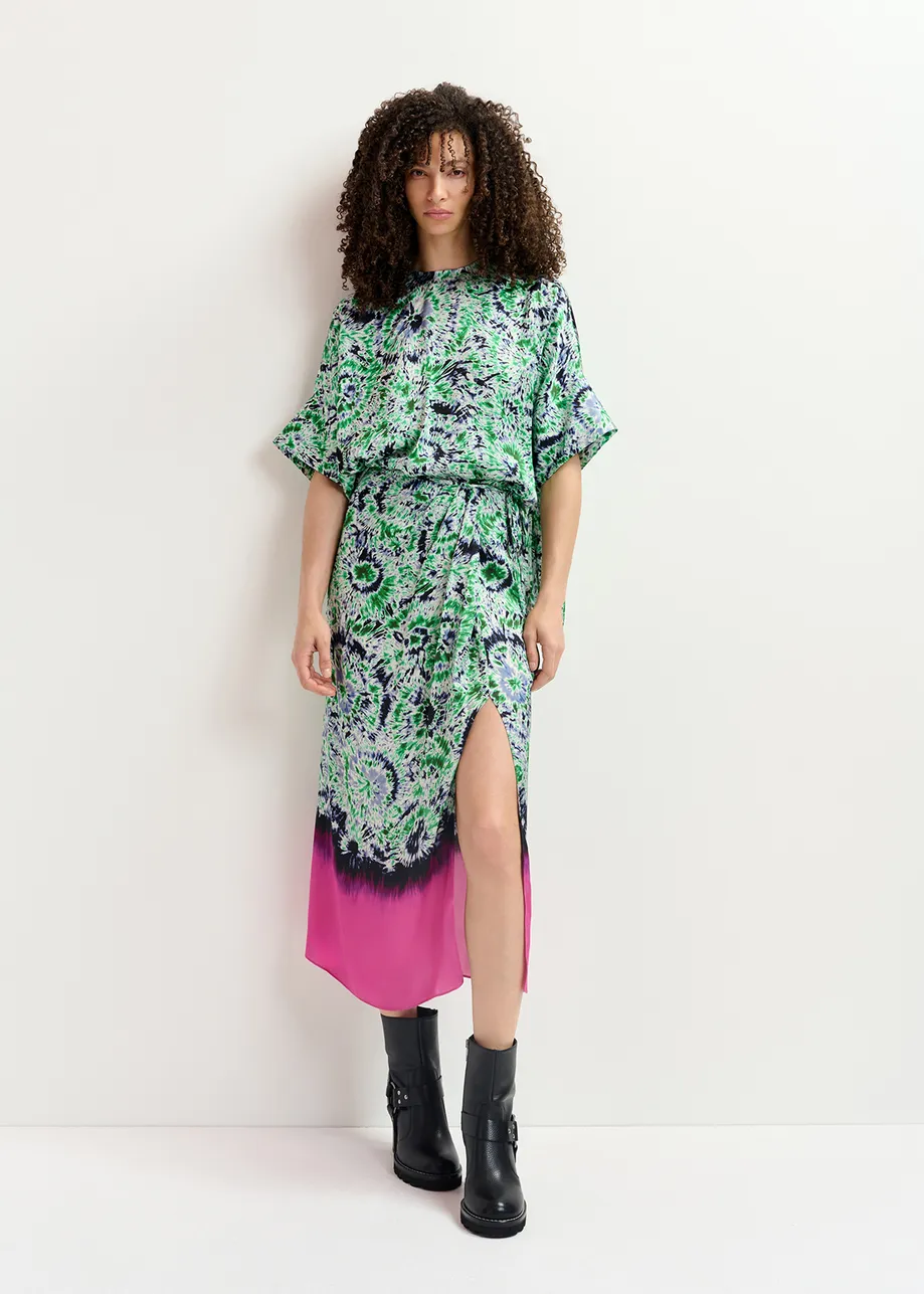 Groene en marineblauwe midirok met print en dip-dye