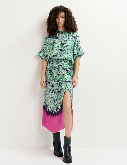 Green and navy blue printed midi skirt with dip-dyed effect