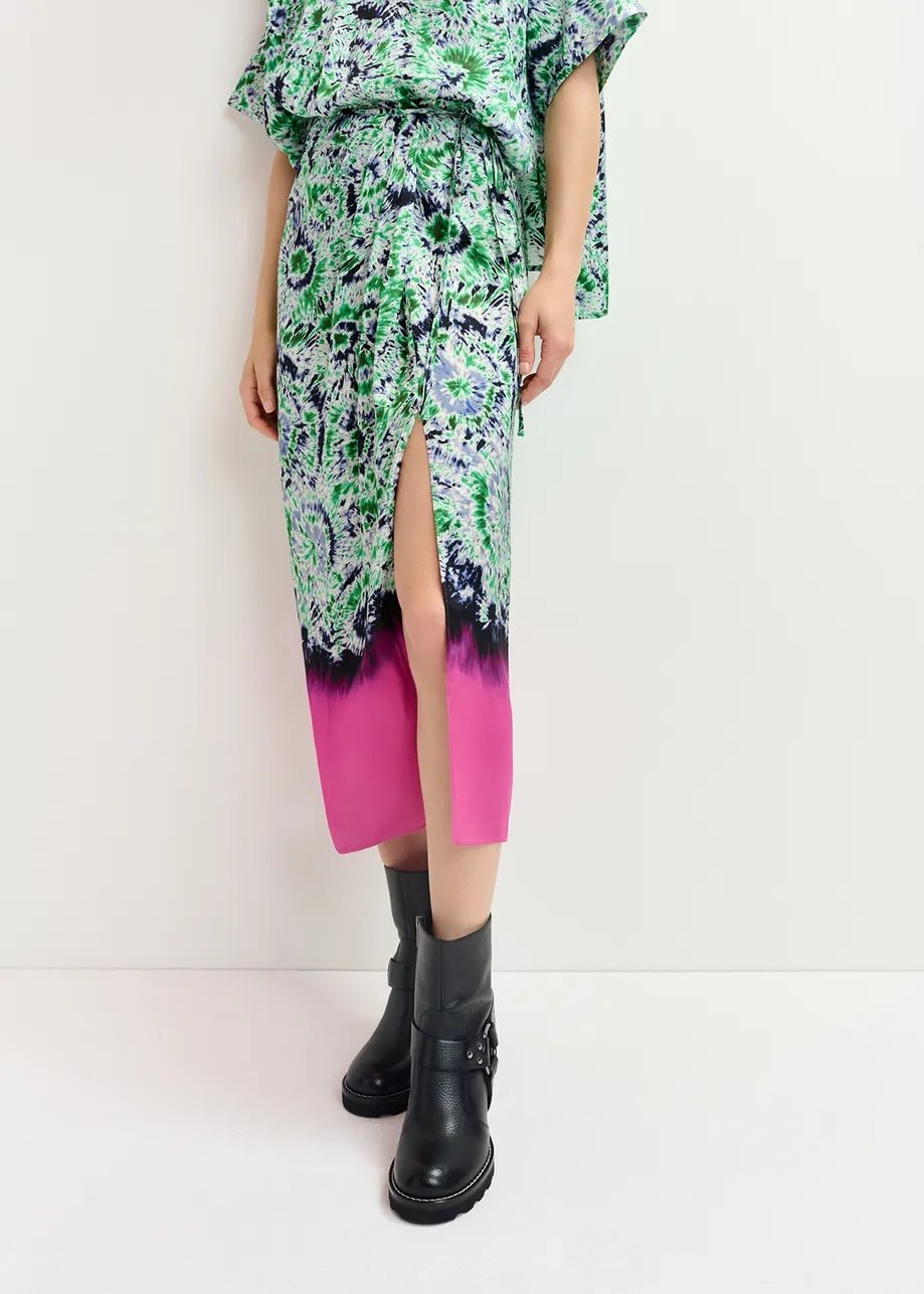 Green and navy blue printed midi skirt with dip-dyed effect