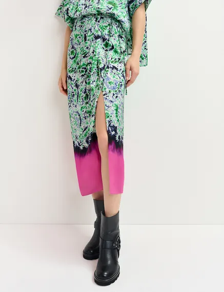 Green and navy blue printed midi skirt with dip-dyed effect