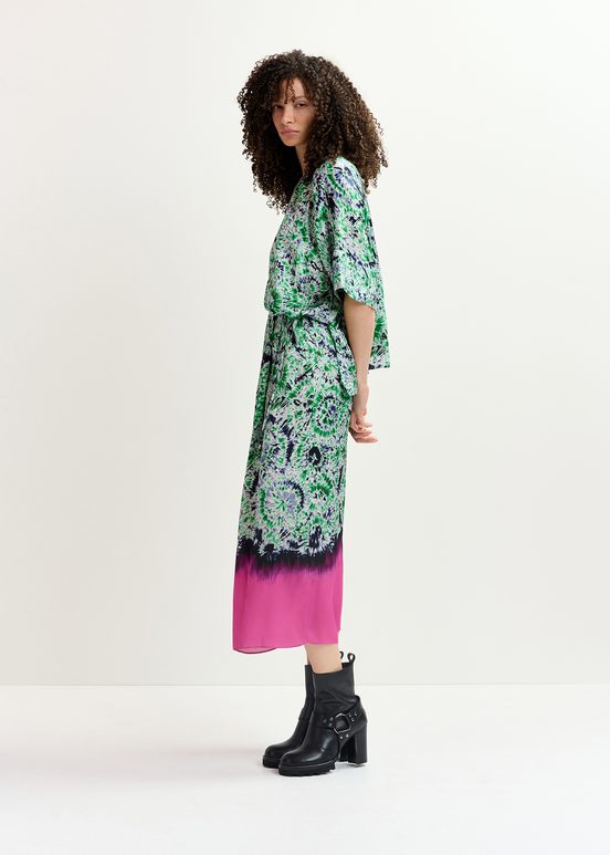 Groene en marineblauwe midirok met print en dip-dye