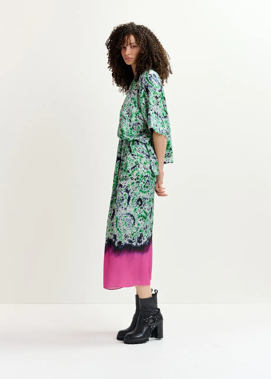 Green and navy blue printed midi skirt with dip-dyed effect