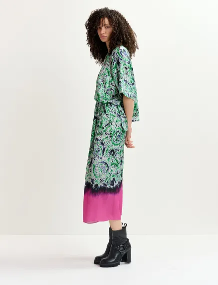 Green and navy blue printed midi skirt with dip-dyed effect