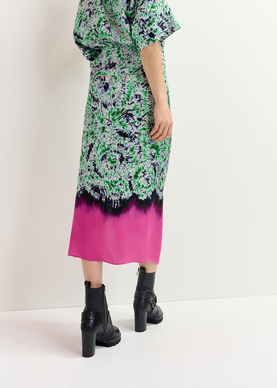 Green and navy blue printed midi skirt with dip-dyed effect