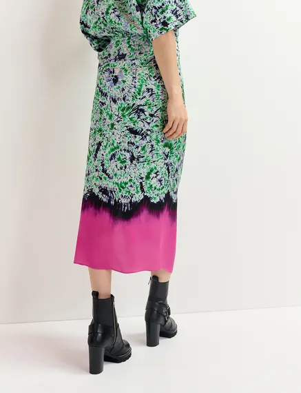 Green and navy blue printed midi skirt with dip-dyed effect