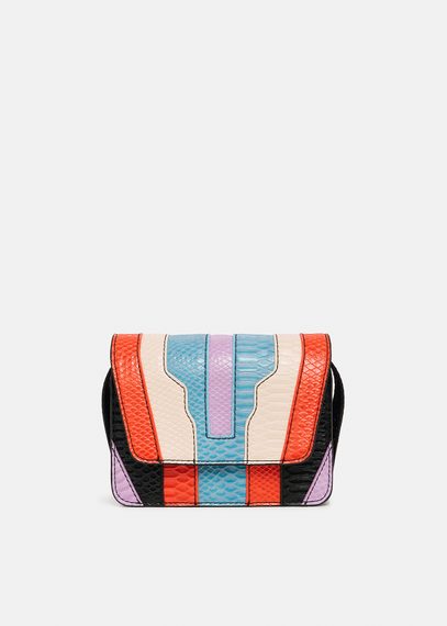 Black, orange and blue snake-effect faux leather shoulder bag