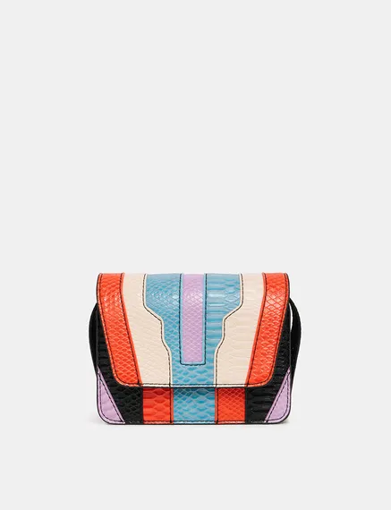 Black, orange and blue snake-effect faux leather shoulder bag