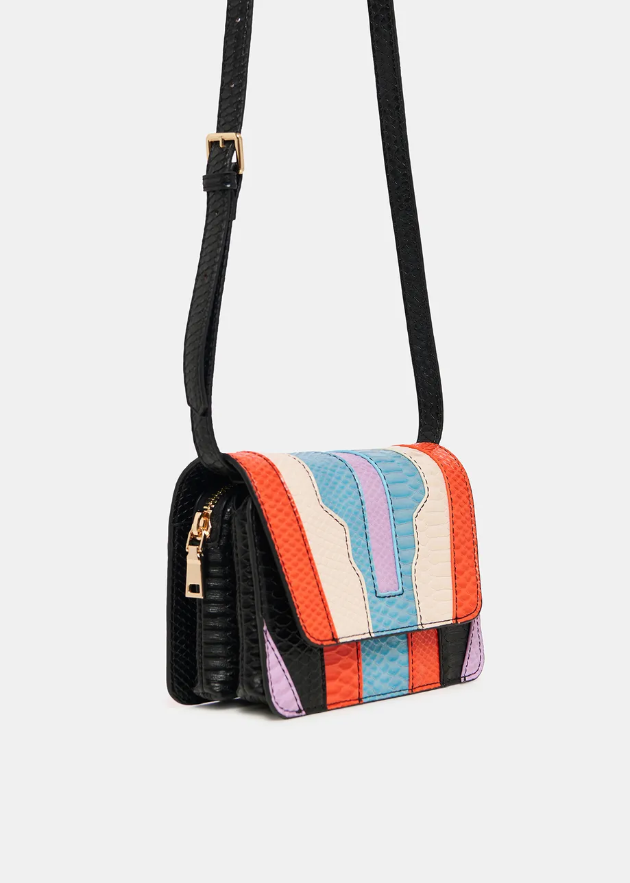 Black, orange and blue snake-effect faux leather shoulder bag