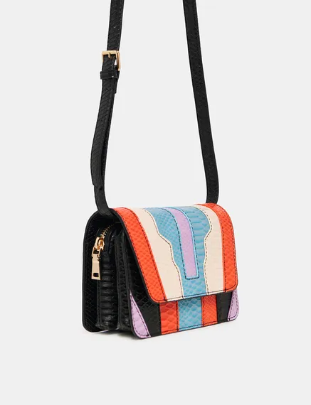 Black, orange and blue snake-effect faux leather shoulder bag