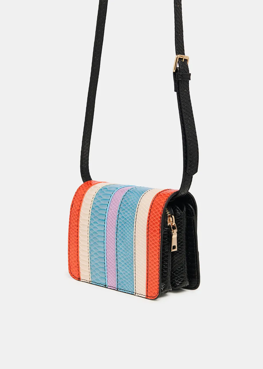 Black, orange and blue snake-effect faux leather shoulder bag