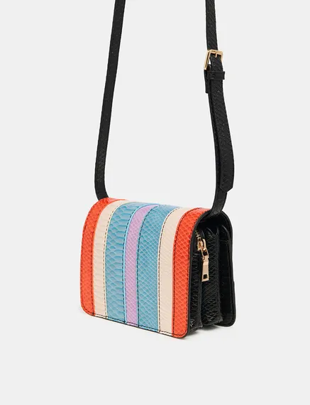 Sac à bandoulière en faux cuir serpent noir, orange et bleu