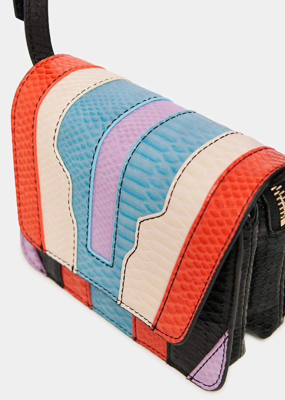 Black, orange and blue snake-effect faux leather shoulder bag