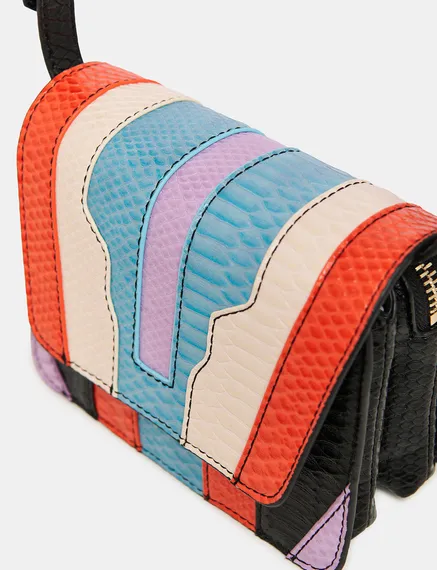 Black, orange and blue snake-effect faux leather shoulder bag