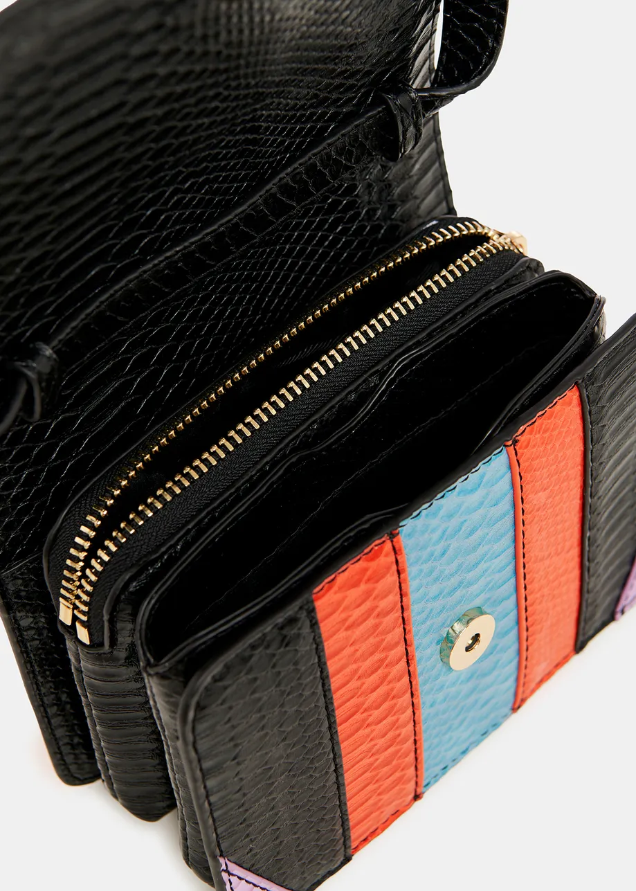 Black, orange and blue snake-effect faux leather shoulder bag