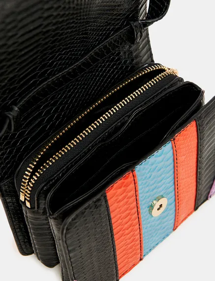 Sac à bandoulière en faux cuir serpent noir, orange et bleu