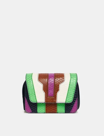 Navy blue, green and brown snake-effect faux leather shoulder bag