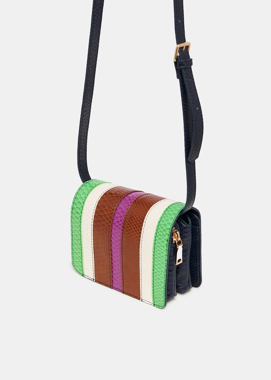 Navy blue, green and brown snake-effect faux leather shoulder bag