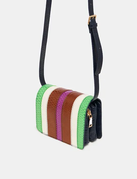 Navy blue, green and brown snake-effect faux leather shoulder bag