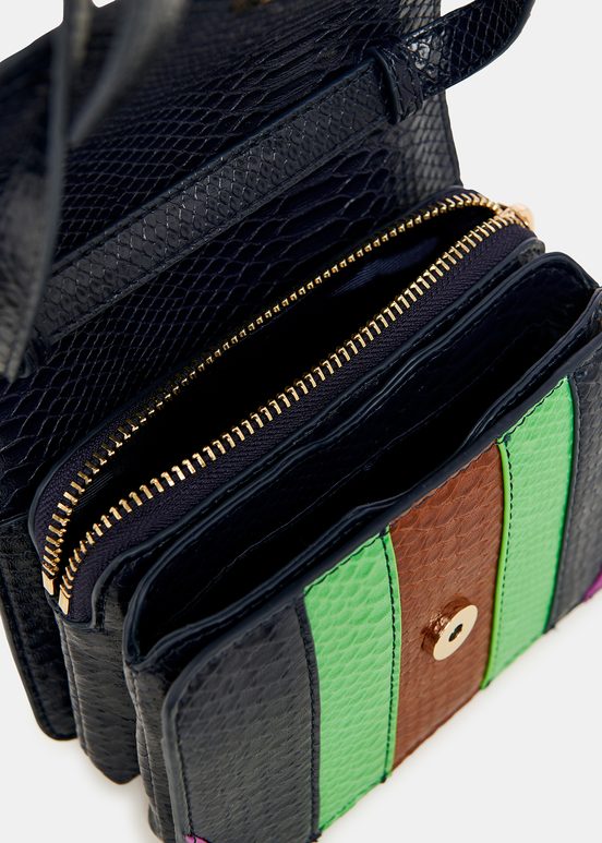 Navy blue, green and brown snake-effect faux leather shoulder bag