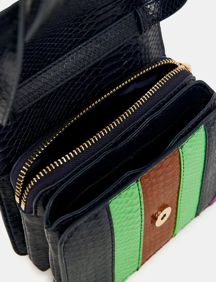 Navy blue, green and brown snake-effect faux leather shoulder bag