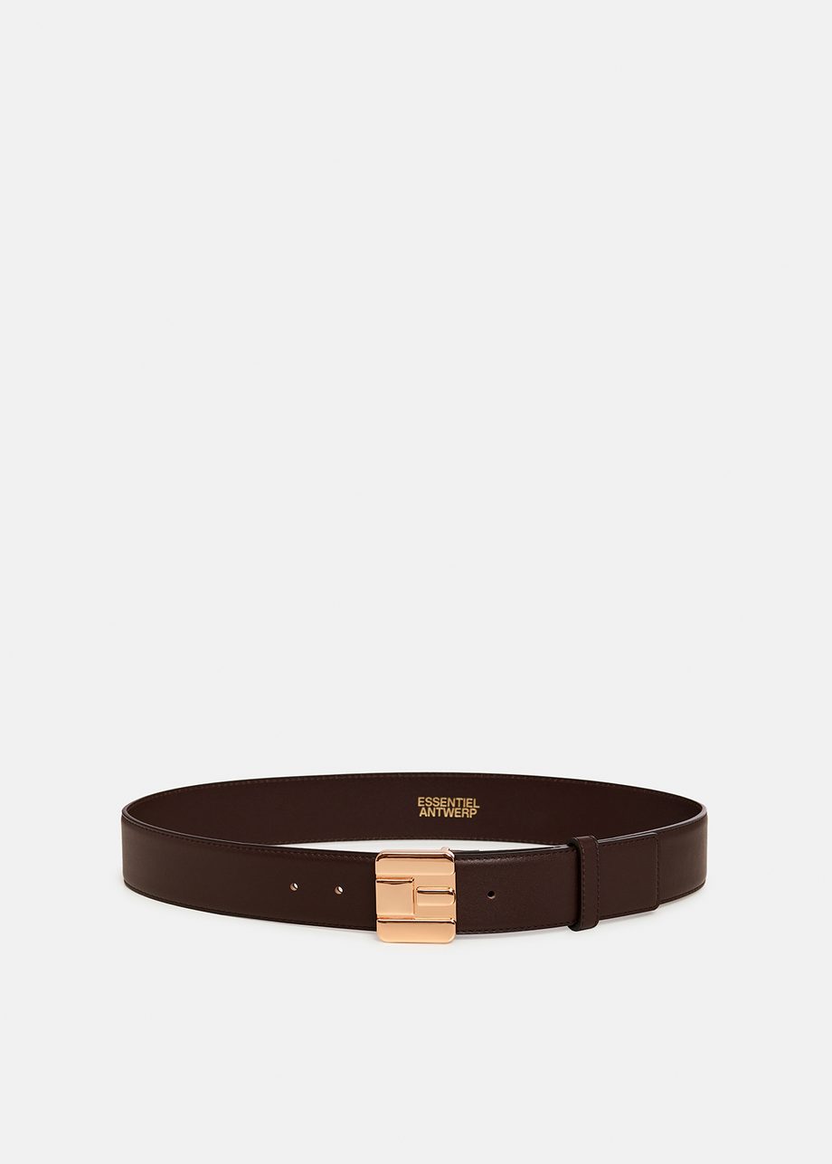 Dark brown leather belt with E-shaped buckle