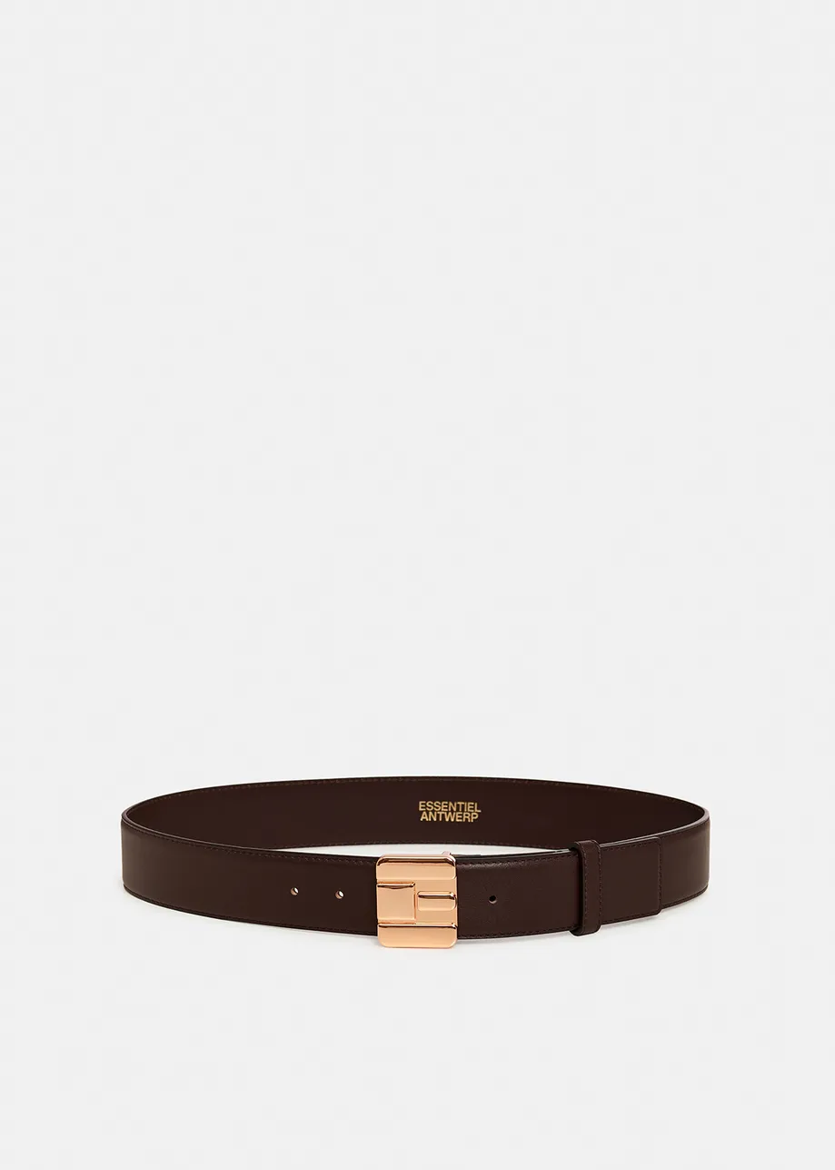 Dark brown leather belt with E-shaped buckle