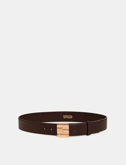 Dark brown leather belt with E-shaped buckle