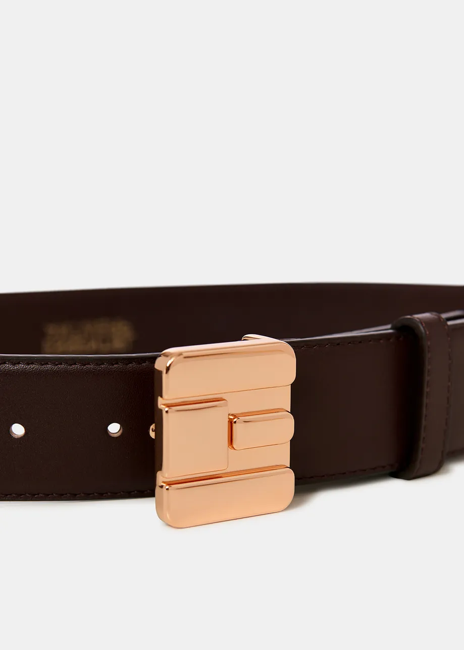 Dark brown leather belt with E-shaped buckle