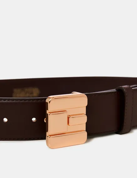 Dark brown leather belt with E-shaped buckle