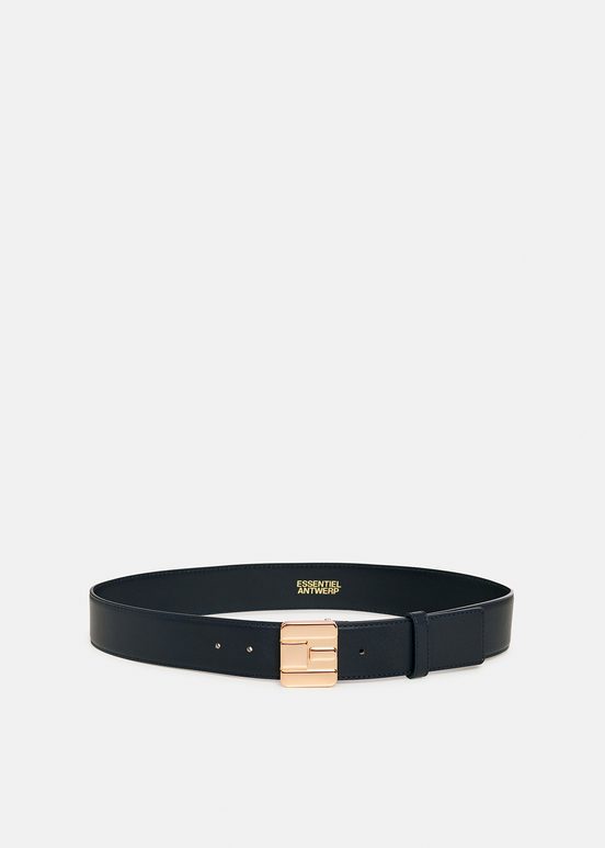 Navy blue leather belt with E-shaped buckle