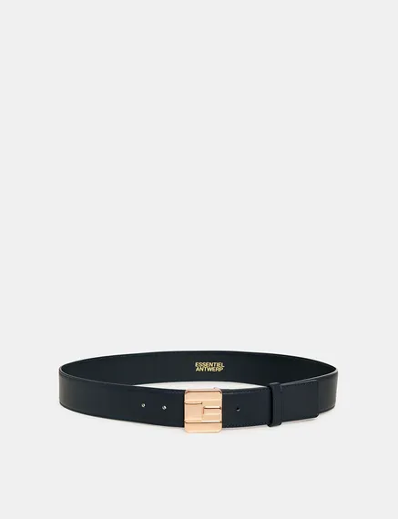 Navy blue leather belt with E-shaped buckle