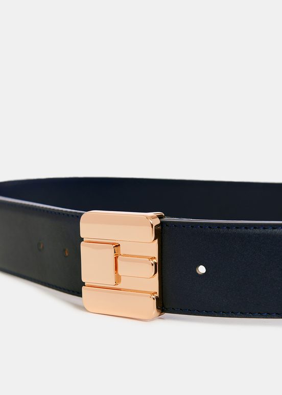 Navy blue leather belt with E-shaped buckle