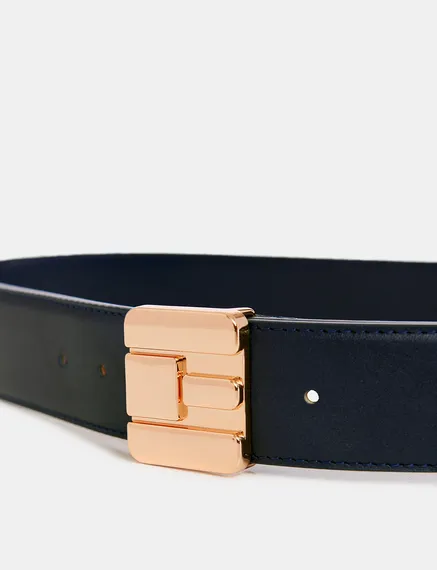 Navy blue leather belt with E-shaped buckle