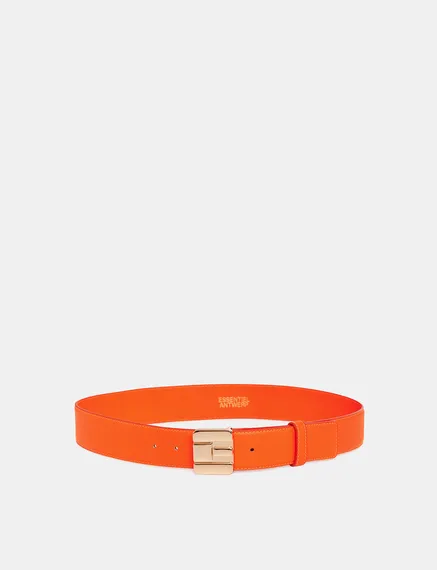 Orange leather belt with E-shaped buckle