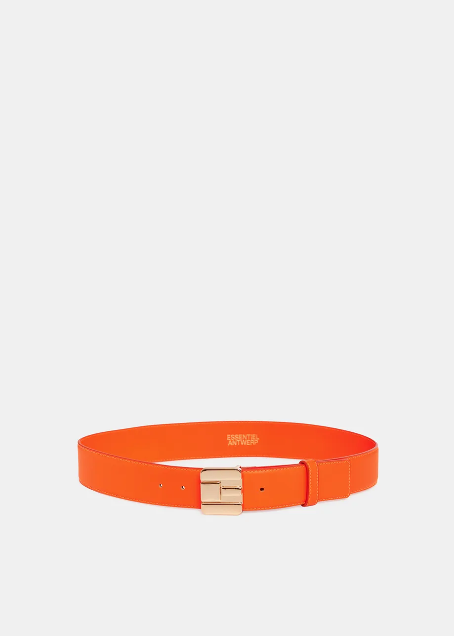 Orange leather belt with E-shaped buckle