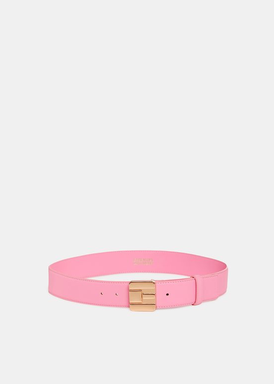 Pink leather belt with E-shaped buckle