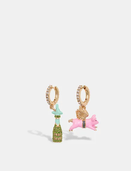 Gold-tone hoop earrings with champagne bottle and flying pig pendants