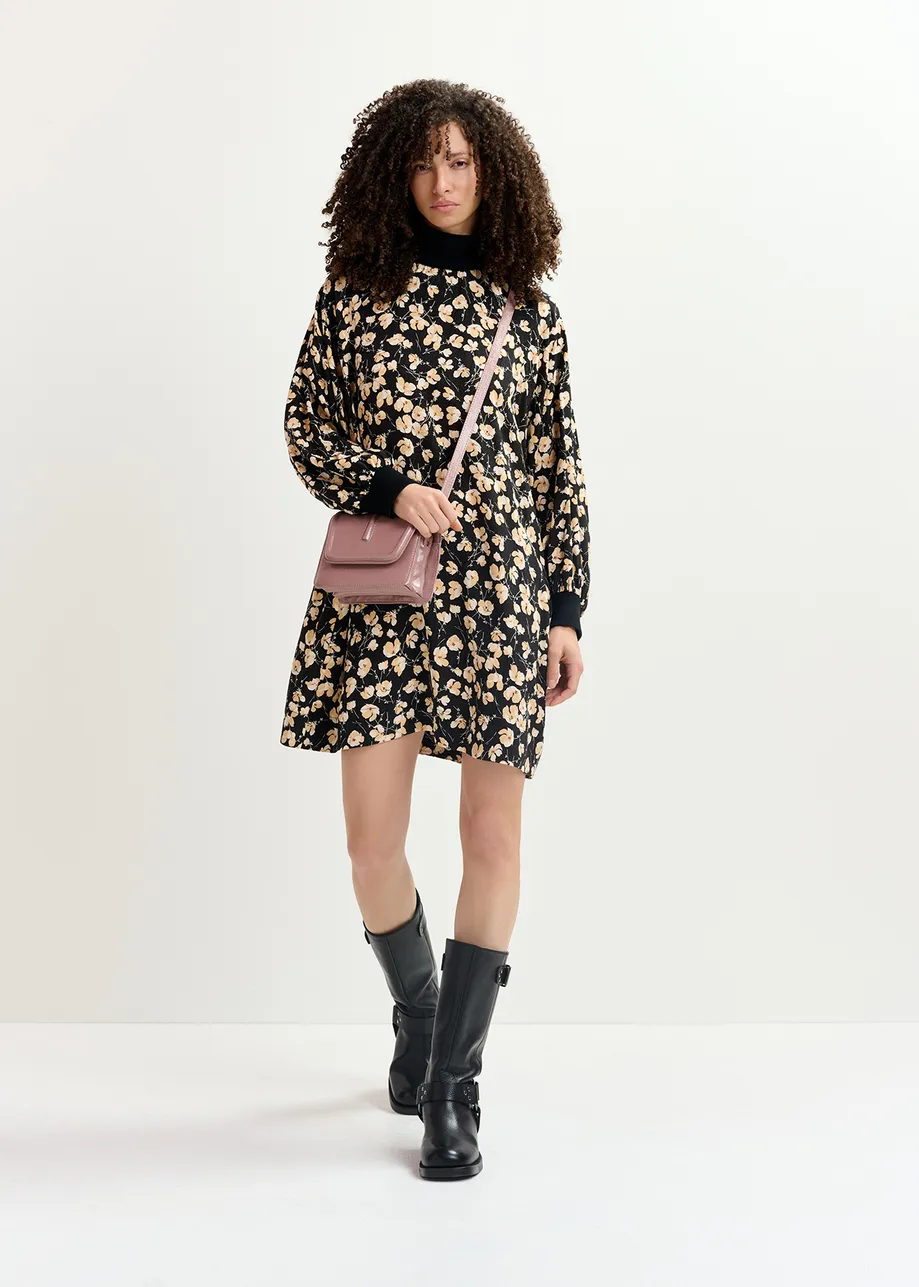 Black floral-print mini dress with rib-knitted trims