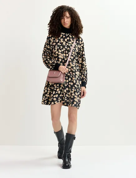 Black floral-print mini dress with rib-knitted trims