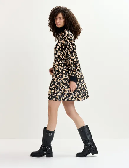 Black floral-print mini dress with rib-knitted trims