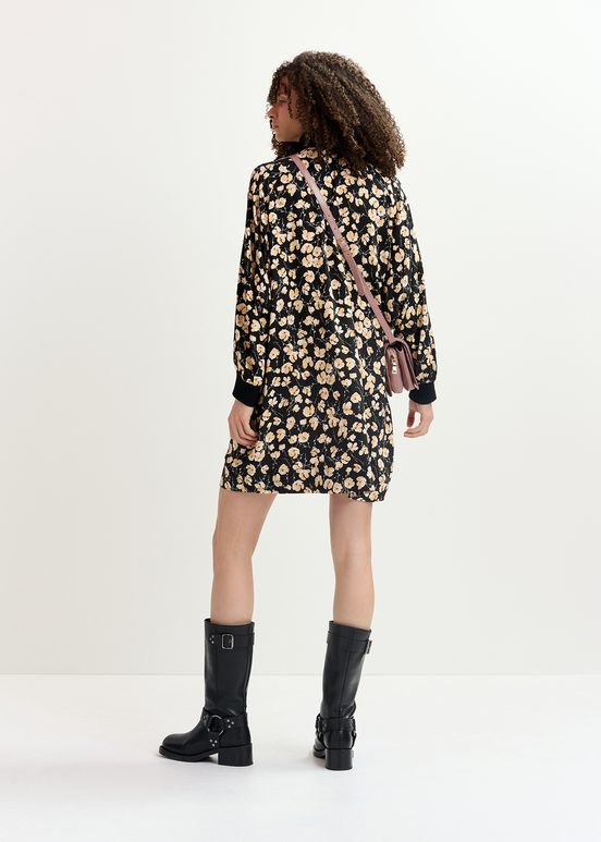 Black floral-print mini dress with rib-knitted trims