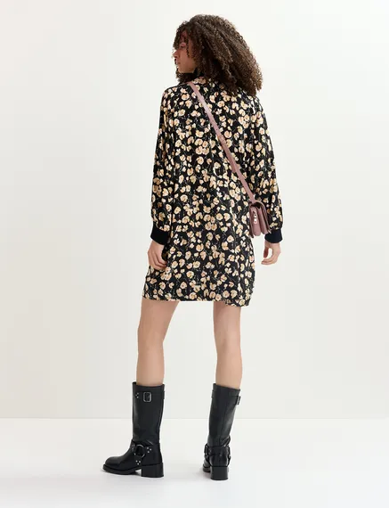 Black floral-print mini dress with rib-knitted trims