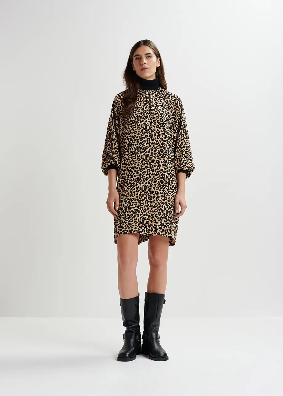 Brown leopard-print mini dress with rib-knitted trims