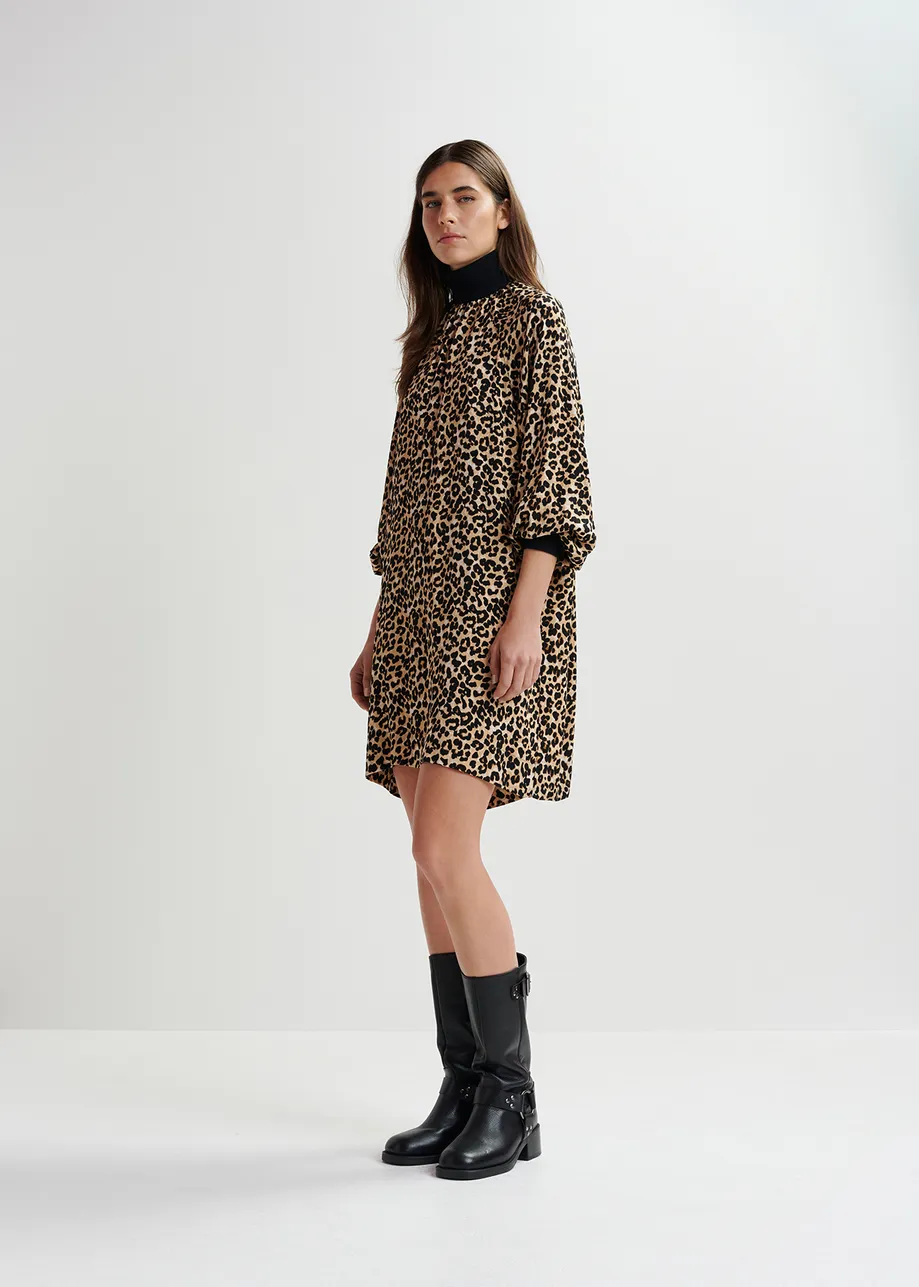 Brown leopard-print mini dress with rib-knitted trims