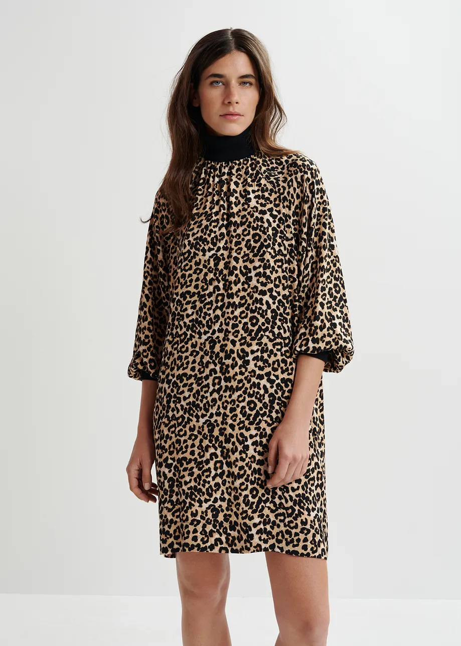 Brown leopard-print mini dress with rib-knitted trims